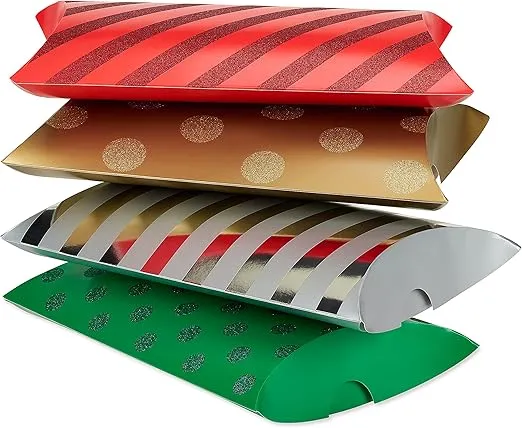 American Greetings Pillow Gift Boxes for Christmas and All Holidays, Multicolored Polka Dots and Stripes (4 Boxes)