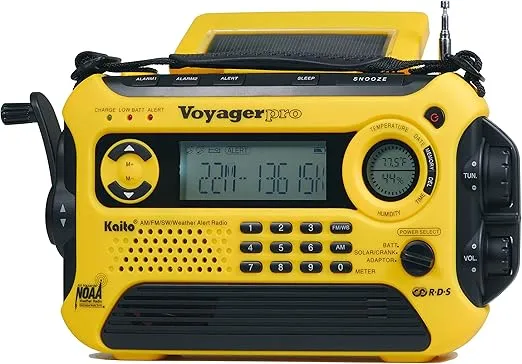 Kaito Voyager Pro KA600 Digital Solar Dynamo Crank Wind Up AM/FM/LW/SW & NOAA Weather Emergency Radio with Alert, RDS & Smart Phone Charger, Yellow