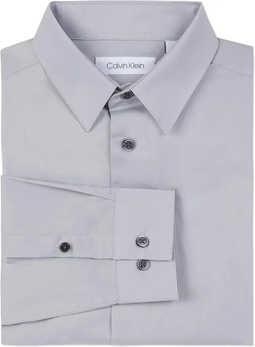 Calvin Klein Boys' Long Sleeve Slim Fit Dress Shirt, Button-Down Style with Cuffs & Shirttail Hem