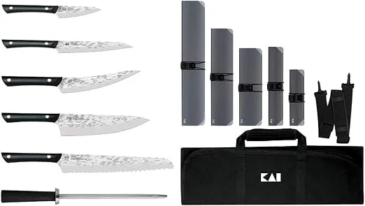 Kai PRO 7 Piece Culinary Knife Set, Includes 8" Chef's Knife, 3.5" Paring Knife, 6" Utility Knife, 6.5” Boning & Fillet Knife, 9” Bread Knife, Combination Honing Steel, 5 Blade Guards and Knife Roll