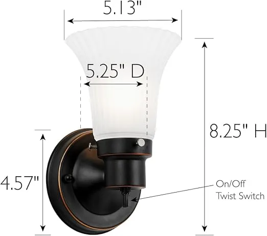 Design House 505115 Village 1-Light Indoor Dimmable Wall Sconce Frosted Flute Glass with Twist On/Off Switch for Bathroom Bedroom Hallway, 8.25" H x 5.1" W, Oil-Rubbed Bronze