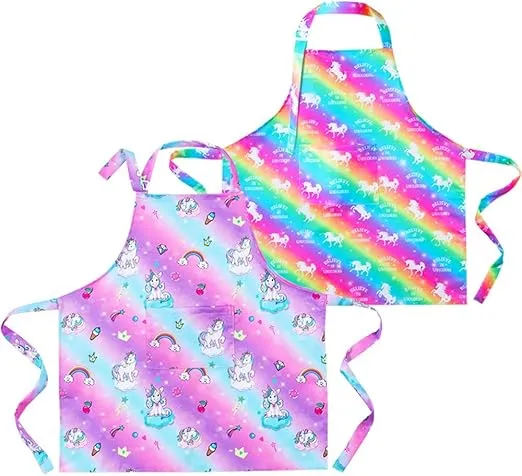 PASHOP 2 Pack Kids Apron Rainbow Unicorn Aprons With Pockets for Girls Boys Toddler Apron for Painting Cooking Baking