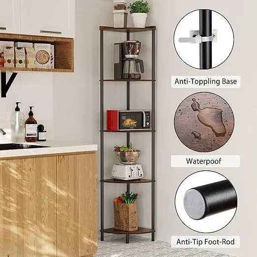 SUNMORY 5 Tier Corner Shelf Stand,Industrial 65" Corner Shelves Display Shelf for Living Room Decor,Wall Corner Bookshelf Multi Unit Organizer,Tall Shelf Plant Stand for Bedroom,Bathroom,Small Space