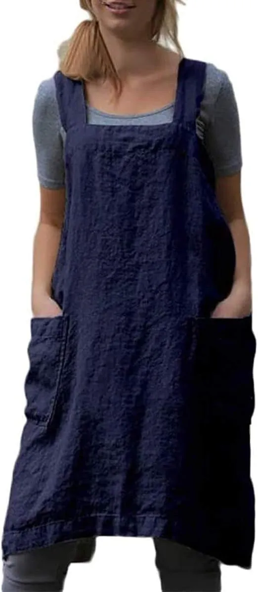 VLZUFE Cotton Linen Apron for women Cross Back Apron Pinafore Dress for Baking Cooking Gardening Work