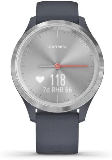 Garmin vivomove 3s, Smaller-Sized Hybrid Smartwatch with Real Watch Hands and Hidden Touchscreen Display, Silver with Granite Blue Case and Band (Renewed)