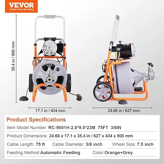 VEVOR Drain Cleaner Machine 75FT x 3/8 Inch, Auto Feed Sewer Snake Drain Auger on Wheels, Portable Drain Cleaning Machine with 8 Cutters & Air-activated Foot Switch for 2" to 4" Pipes