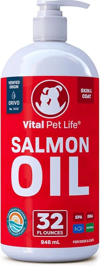 Salmon Oil for Dogs & Cats - Healthy Skin & Coat, Fish Oil, Omega 3 EPA DHA, Liquid Food Supplement for Pets, All Natural, Supports Joint & Bone Health, Natural Allergy & Inflammation Defense, 32 oz