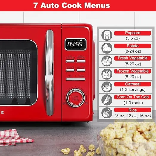 Galanz GLCMKZ07RDR07 Retro Countertop Microwave Oven with Auto Cook & Reheat, Defrost, Quick Start Functions, Easy Clean with Glass Turntable, Pull Handle.7 cu ft, Red