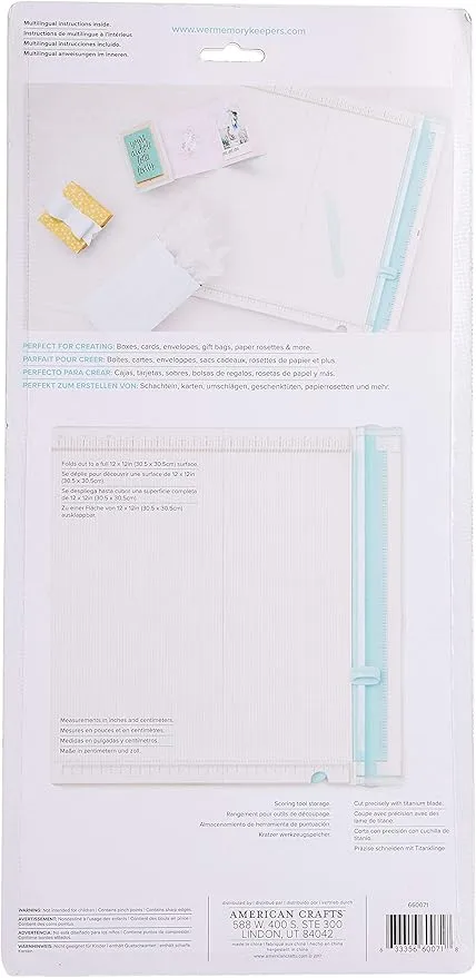 We R Memory Keepers Trim and Score Board, Includes 12x12 Inch Board and One Scoring Tool, Cuts Large Scrapbook Pages, Small Embellishments, Sturdy Locking, Precise Blades, with Storage Compartment