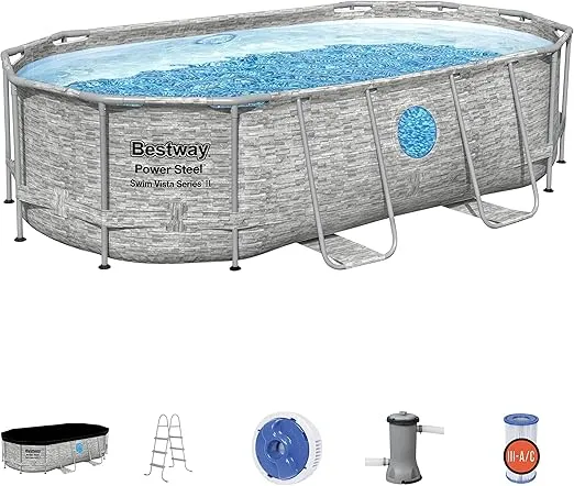 Bestway Power Steel Swim Vista Series II 14' x 8'2" x 39.5" Above Ground Pool Set, 14' x 8' x 40", Grey Stone