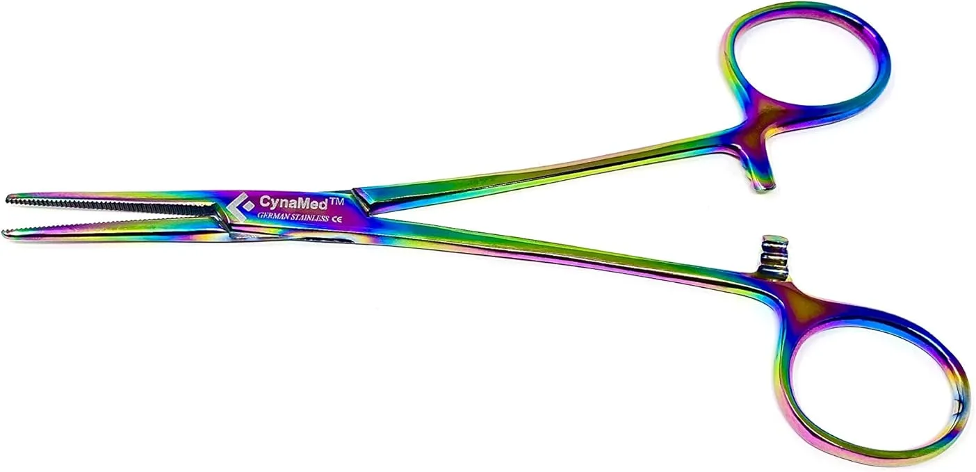 Cynamed Artzone Multi Color Hemostat Forceps with Serrated Jaws, Stainless Steel Rainbow Pliers