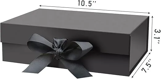 10.5"X7.5"X3.1" Black Magnetic Gift Box with Lid and Ribbon for Presents