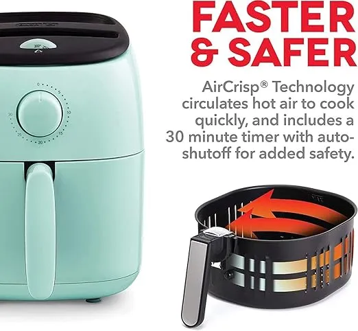 DASH Tasti-Crisp™ Electric Air Fryer Oven, 2.6 Qt., Aqua – Compact Air Fryer for Healthier Food in Minutes, Ideal for Small Spaces - Auto Shut Off, Analog, 1000-Watt