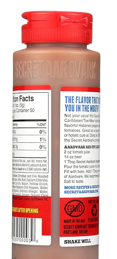 Secret Aardvark Habanero Hot Sauce - Habanero Peppers & Roasted Tomatoes, Medium Spiced Hot Sauce, BBQ Sauce, Non-GMO, Low Sugar, Low Carb, Hot Sauce & Marinade - 8 fl oz 3 Pack