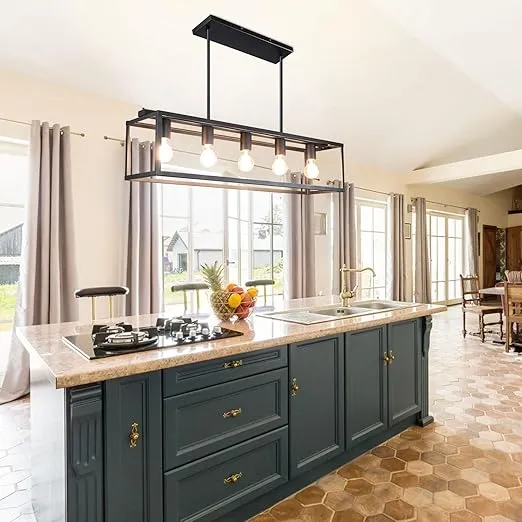 Depuley 5-Light Farmhouse Linear Light Fixture Chandelier, Vintage Island Light Fixtures, Rectangular Metal Cage Table Pendant Lighting for Dining Room, Kitchen, Breakfast Bar, 5×E26 Bulbs Included