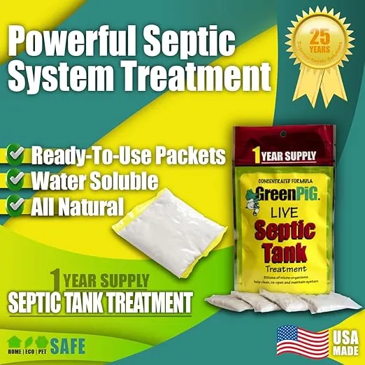 Green Pig 52 Live Septic Tank Treatment Ultimate Solution in Preventing Expensive Backups, Clogs, or Drain Field Failures with 4-Easy Drop-in and Flush, 1-Year Supply- 4 Packets, 4 Count
