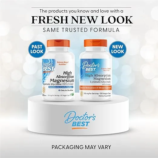 Doctor's Best High Absorption Magnesium Lysinate Glycinate Capsule, Easy to Swallow, 120 Ct
