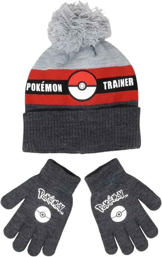 Pokemon Trainer Pokeball Kids Beanie Hat Cap and Gloves Set New