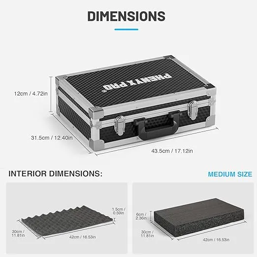 Phenyx Pro Medium Size Carrying Case, Customizable Pre-Diced Foam, Aluminum Alloy Sturdy Build, Suitable for Wireless Mic System Storage & Camera Gear Transportation