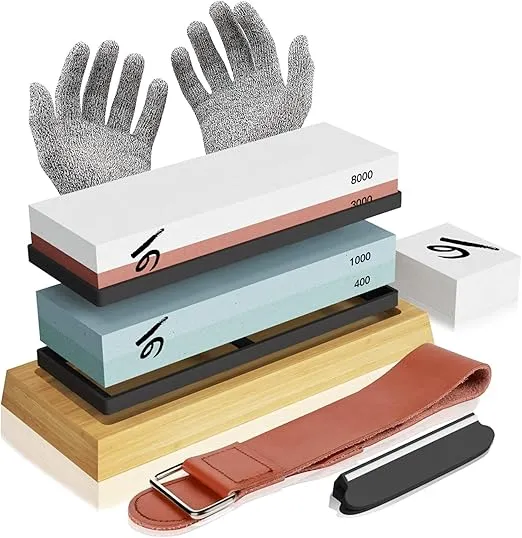 Knife Sharpening Stone Kit, KERYE Professional Japanese Whetstone Sharpener Stone Set, Premium 4 Side Grit 400/1000 3000/8000 Water Stone, Flattening Stone, Angle Guide, Leather Strop, Anti Cut Gloves