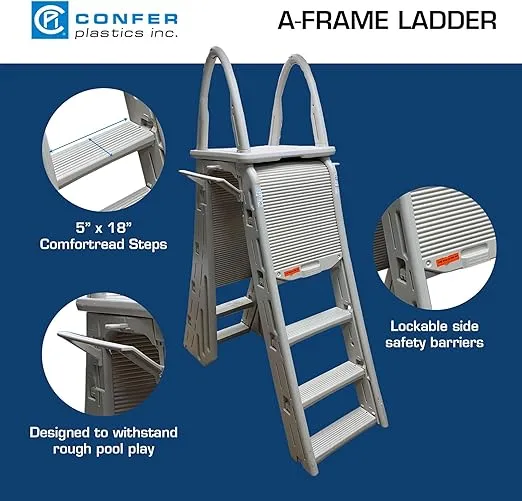 Confer Plastics 7200 Roll Guard 48" to 56" Adjustable A Frame Safety Ladder for Above Ground Outdoor Patio Swimming Pool Platform Ladder with Step Barrier, Warm Grey…