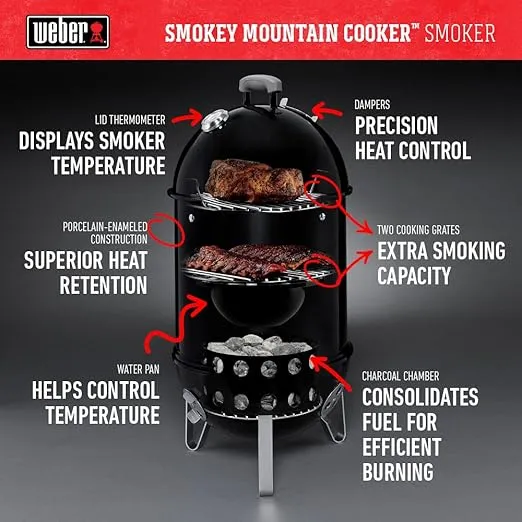 Weber 22-inch Smokey Mountain Cooker, Charcoal Smoker,Black