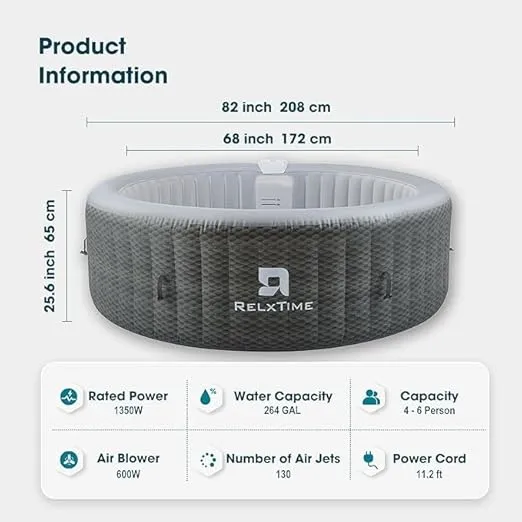 4 to 6 Person Inflatable Hot Tub Air Jet Blow Up Portable Spa Outdoor Hottub with Control Panel, 130 Soothing Bubble Jets with Heater Pump, Filter Cartridge, Grey