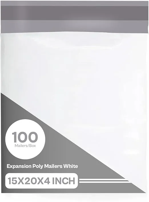 PSBM Expansion Poly Mailers, 15x20 Inch, 100 Pack, Expandable Gusseted Shipping Envelope For Bulky Items Like Books & Clothing, Self Seal, White/Grey