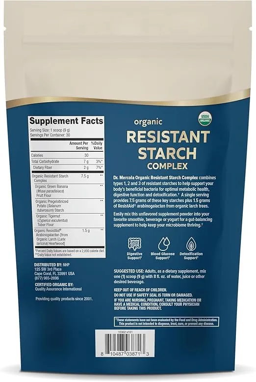 Dr. Mercola Unflavored Organic Resistant Starch Complex, 9.52 Oz. (30 Servings), Non GMO, Gluten Free, Soy Free, USDA Organic