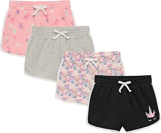 BTween Girls 4-Piece Active Performance Dolphin Shorts with Faux Drawstring, Sports Running Shorts for Kids