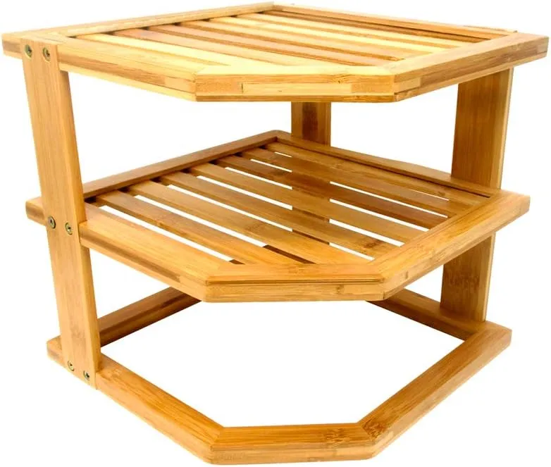 Trademark Innovations Bamboo Kitchen Counter Corner Shelf 3 Tier Plate Rack