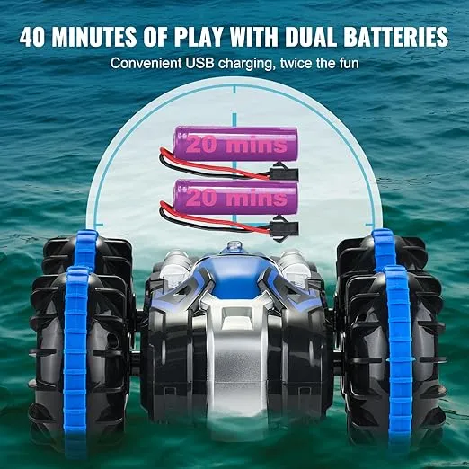 VEVOR Amphibious Remote Control Car, 4WD Waterproof 2.4GHz RC Car Boat for Kids, 360° Rotating Stunt Car with 2 Batteries, All Terrain Water Beach Pool Toy for 6+ Year Old Boys Girls