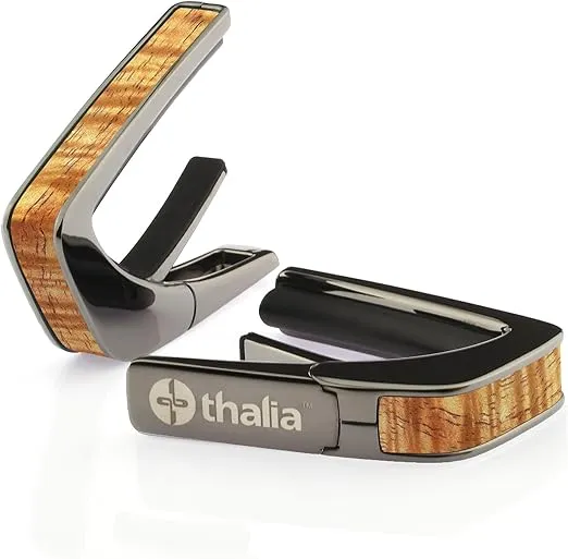 Thalia Guitar Capo - Exotic Series (New Model with (2) Universal OctaveTouch Fret Pads) Black Chrome - AAA Hawaiian Koa