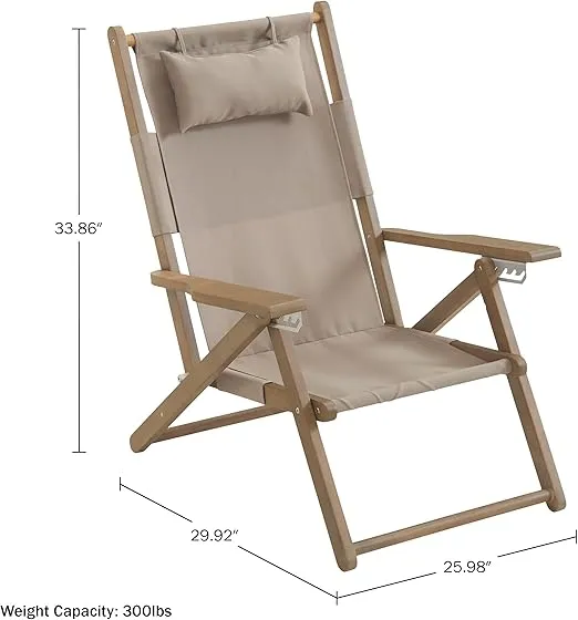 Lavish Home Beach Chair - Outdoor Weather-Resistant Wood Folding Chair with Backpack Straps - 4-Position Reclining Seat - Beach Essentials (Taupe)
