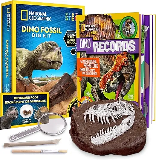 NATIONAL GEOGRAPHIC Dino Fossil Dig Kit & Dinosaur Book for Kids- Excavate a Replica Dinosaur Tooth Fossil and Study Paleontology with a Full-Color Dinosaur Activity Book for Kids (Amazon Exclusive)
