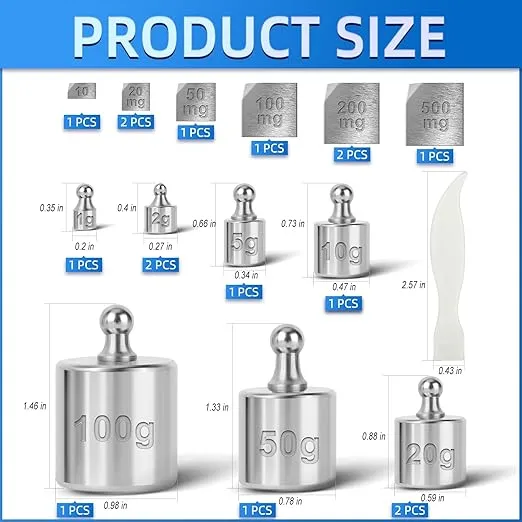 MEANLIN MEASURE 17 Pcs Scale Calibration Weight Kit, 10mg - 100g Precision Steel Calibration Weights, with Tweezers and Case for Digital Jewellery Scale Science Lab Weights Educational