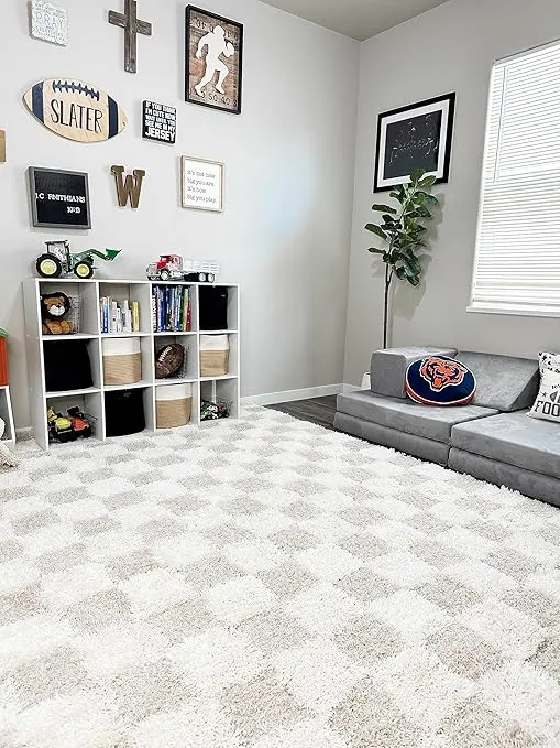 Atira Modern Checkered Shag Area Rug - High Pile Fluffy Shag Rug for Kids Room, Nursery, Living Room, Bedroom, Dining Room - Beige, Cream, White - 5'3" x 7'3" (5x7 Area Rug)