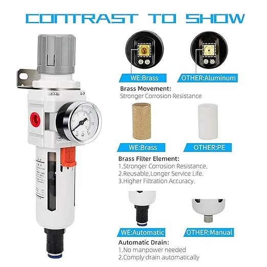 NANPU 3/8" NPT Compressed Air Filter Regulator Combo Piggyback, Auto Drain, 5 Micron Brass Element, Poly Bowl, Metal Bracket, 0-150 psi Gauge
