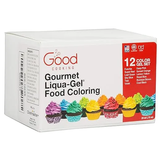 Food Coloring Liqua-Gel 12 PK Rainbow Color Kit .75 fl. oz (22mL) Bottles - For Holidays, Baking, Arts & Crafts, Decorating, Fondant, Frosting, Chocolate, Cooking, DIY Slime & More - Made in USA