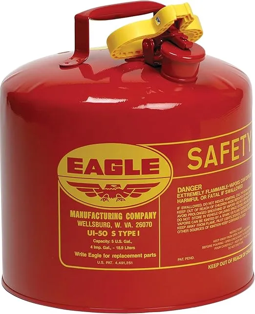 Eagle 5 Gallon Type I Red Safety Gas Can for Gasoline with Flame Arrester and Self-Closing Lid, Made in the USA, Galvanized Steel Flammable Storage Can, UI50S