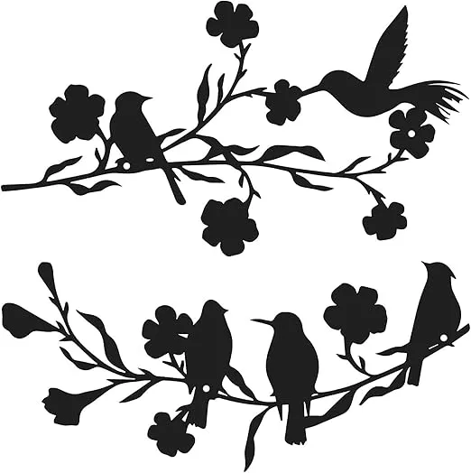 DUZYXI Metal Bird Wall Art Decor Sculpture, 2 Pieces Metal Birds Silhouette Wall Sculpture, Black Leaves Flowers, Classic Style for Home Garden Indoor Outdoor Decor