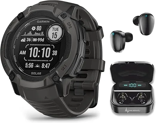 Wearable4U Garmin Instinct 2X Solar Rugged 50 mm GPS Smartwatch, Graphite with Power Glass Lens, LED Flashlight Black Earbuds Bundle