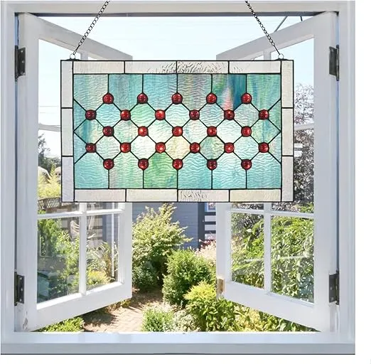 Tiffany-Style Stained Glass Window Panel, 100% Genuine Stained Glass and Cabochon, Handcrafted 73 Pieces, Blue/Green, Size: 19.25" x 11.75", Hanging Chain Included