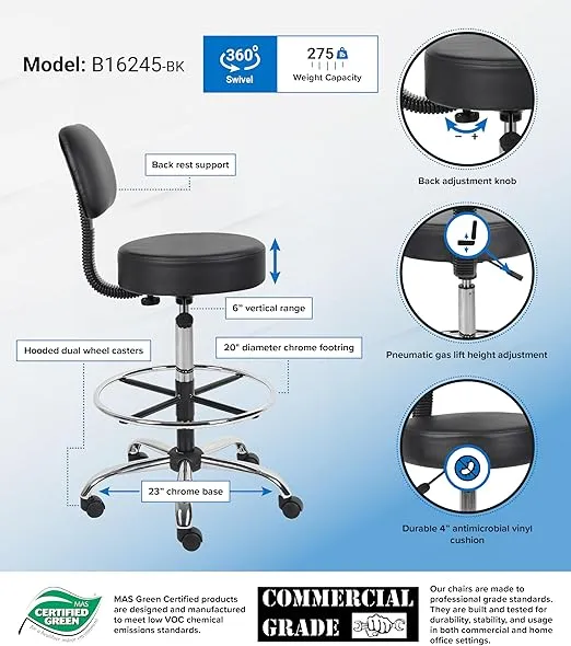Boss Office Products Be Well Medical Spa Drafting Sool with Back in Black