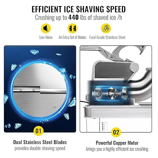 VEVOR 110V Commercial Ice Crusher 661LBS/H, ETL Approved 300W Electric Snow Cone Machine with Dual Blades, Stainless Steel Shaved Ice Machine with Safety On/Off Switch for Family, Restaurants, Bars
