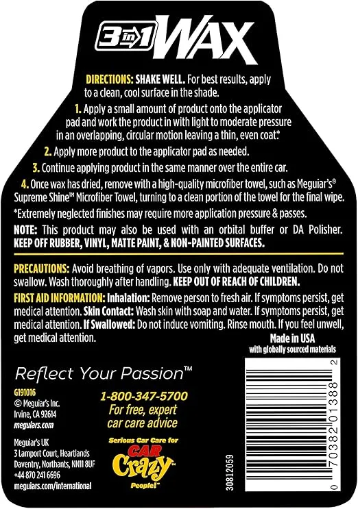 Meguiar's 3 In 1 Wax - Advanced Cleaner Wax that Blends Defect and Scratch Removal, Car Polishing for a High Gloss, and Long-Lasting Paint Protection All in One Step, 16 Oz Liquid Wax