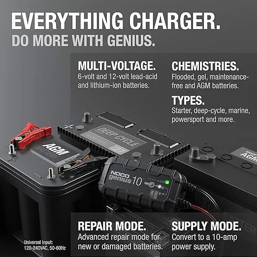 NOCO GENIUS10, 10A Smart Car Battery Charger, 6V and 12V Automotive Charger, Battery Maintainer, Trickle Charger, Float Charger and Desulfator for Motorcycle, ATV, Lithium and Deep Cycle Batteries