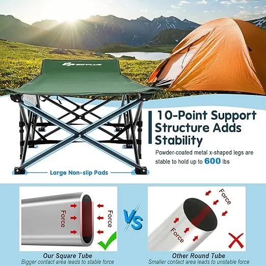 Goplus Folding Camping Cot, 27.5" Sleeping Cot for Adults with Carry Bag, 600LBS Weight Capacity, Slanted Head, Side Pocket, Heavy Duty Portable Camping Bed for Kids, Beach, Office Snap (Green)
