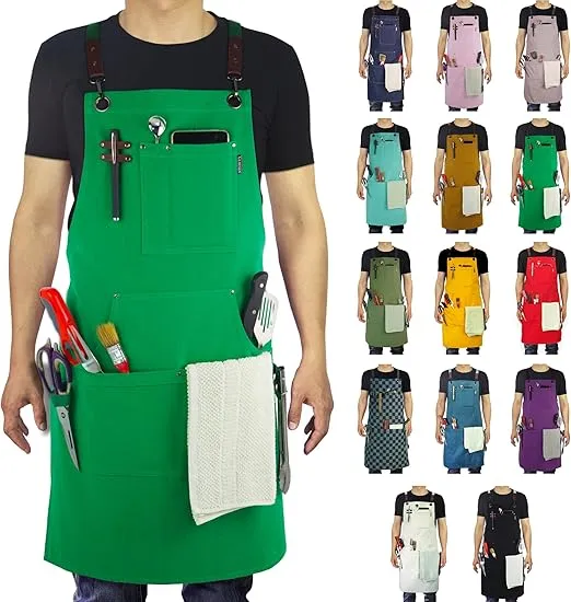 Stenffy-Work Apron,Cotton Canvas,Multiple Pockets,Gardening,BBQ,Cafe,Kitchen,Painting,Carpenter,Artist Apron,Apron for Men,Women,Sizes M to XXL,Green.