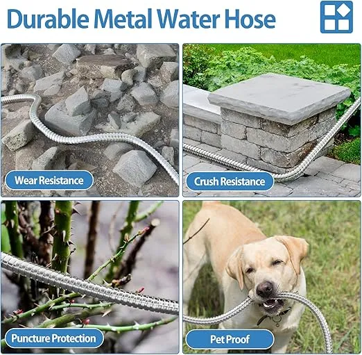 100 FT Garden Hose, 304 Stainless Steel Metal Heavy Duty Flexible Water Hose, Collapsible, Kink Free, Durable, Lightweight Hose for Yard, Outdoor with Rubber Grip